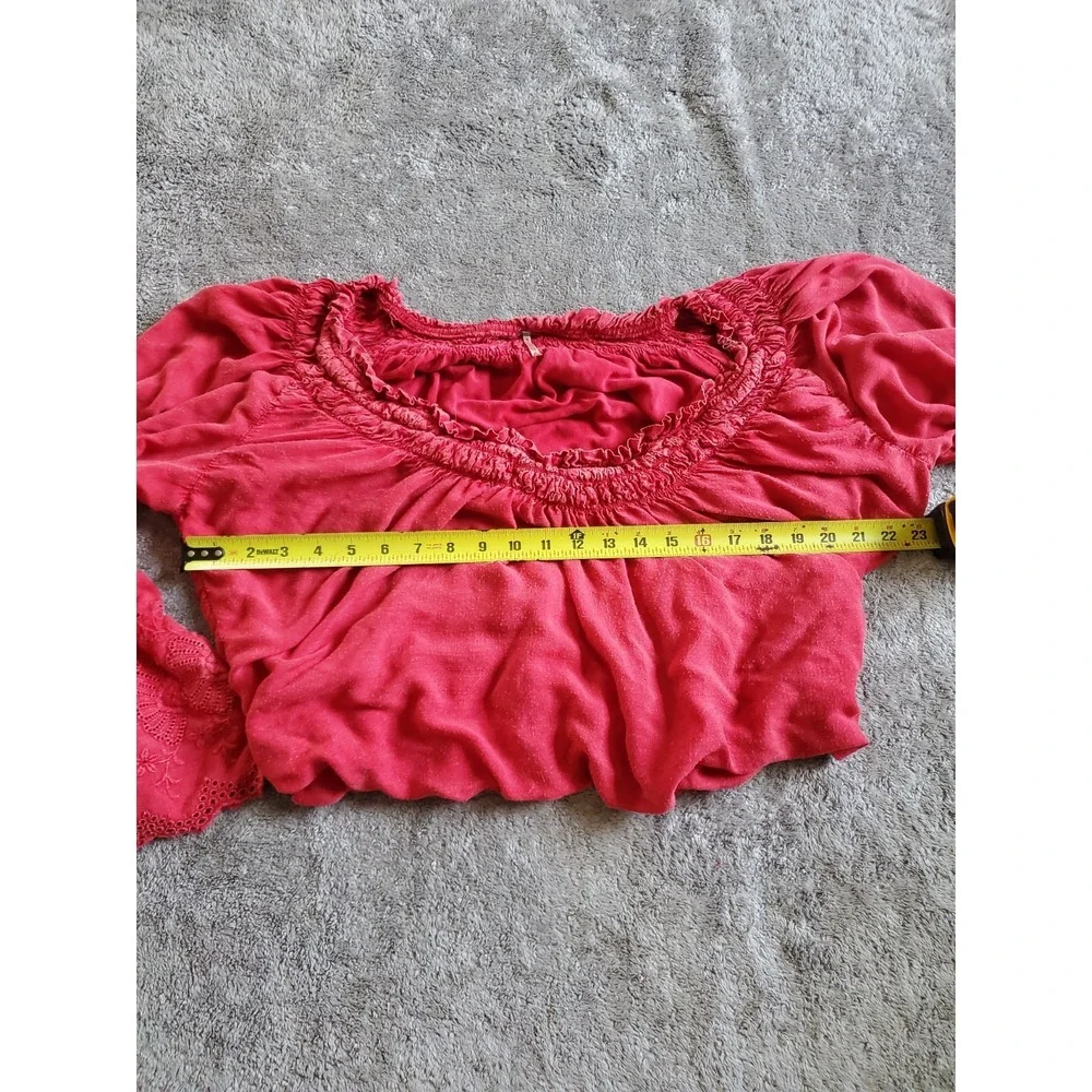 Free People Boho Red Eyelet Embroidered Off Shoulder Crop Top Bell Sleeve M